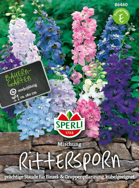 Produktbild von Sperli Rittersporn Mischung mit Blüten in verschiedenen Farben und Informationen zur mehrjährigen Pflanze sowie der Marke auf Deutsch.