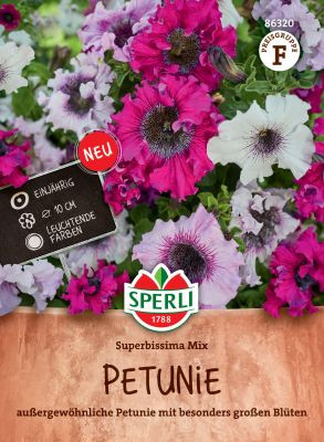 Produktbild von Sperli Petunie Superbissima Mix mit verschiedenen blühenden Petunien in Pink und Violett, Verpackungsdesign mit Produktinformationen und Logo auf Deutsch.