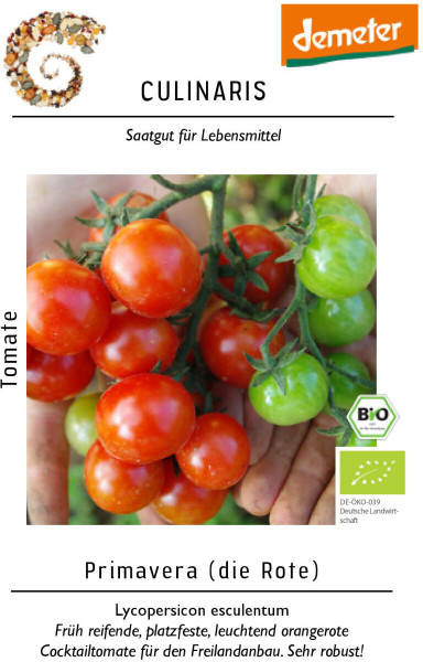 Produktbild von Culinaris BIO Cocktailtomate Primavera mit reifen und grünen Tomaten an der Pflanze, Bio-Siegel und Produktinformationen.