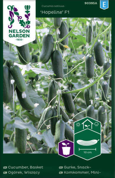 Produktbild von Nelson Garden Snackgurke Hopeline F1 mit reifenden Gurken an der Pflanze und Verpackungsinformationen in verschiedenen Sprachen.