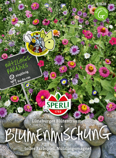 Produktbild von Sperli Blumenmischung Lüneburger Blütenträume mit bunten Blumen, Preisgruppe G Hinweis, Nützlingsparadies-Label und Markenlogo.
