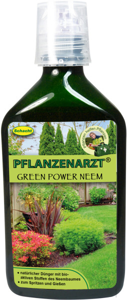 Produktbild der Schacht Pflanzenarzt Green Power Neem 350ml Squeeze-Flasche mit Informationen über die Nutzung als natürlichen Dünger und Anwendungshinweisen auf einem Gartenhintergrund.