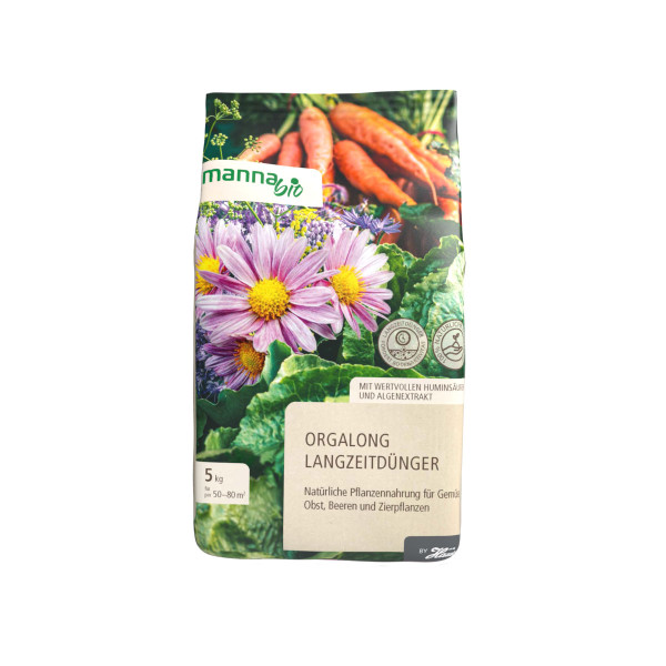 Produktbild des MANNA Bio Orgalong Langzeitdünger 5kg mit Bildern von Gemüse, Blumen und dem Hinweis auf natürliche Pflanzennahrung für Gemüse, Obst, Beeren und Zierpflanzen.