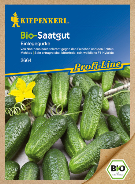 Produktbild von Kiepenkerl BIO Einlegegurke F1 Saatgutverpackung mit Gurkenbildern und Informationen zur Pflanzenzucht in deutscher Sprache.