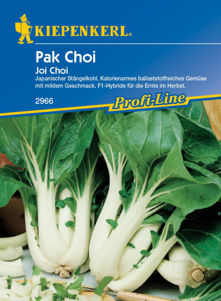 Produktbild von Kiepenkerl Pak Choi Joi Choi F1 mit Abbildung von Stängelkohl und Informationen zu kalorienarmem ballaststoffreichem Gemüse mit mildem Geschmack für die Herbst-Ernte.
