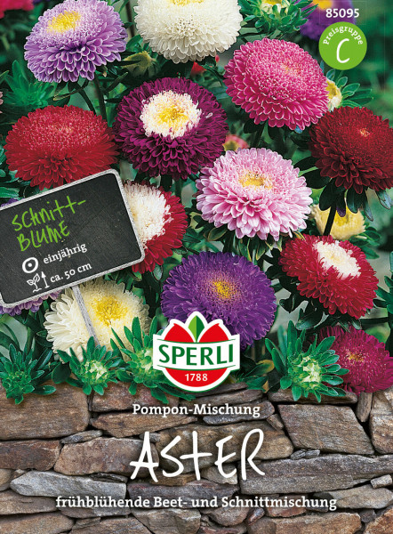 Produktbild von Sperli Aster Pompon-Mischung mit bunten Astern in verschiedenen Farben und einem Hinweisschild zur Pflanzengruppe auf deutsch sowie dem Sperli-Markenlogo.