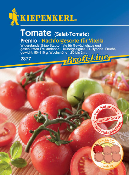 Produktbild von Kiepenkerl Salat-Tomate Premio, F1 mit Informationen zur widerstandsfähigen Stabtomate für Gewächshaus und Freilandbau sowie Angaben zu Fruchtgewicht und Wuchshöhe auf Deutsch