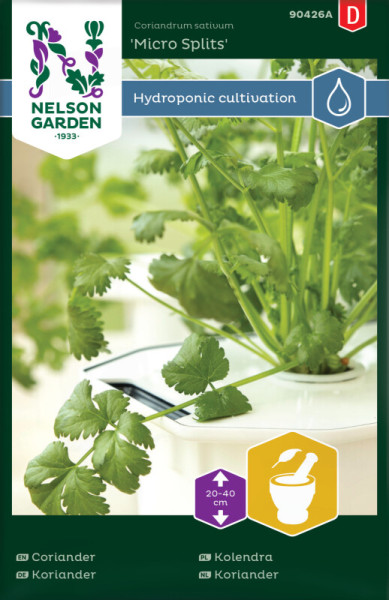 Produktbild von Nelson Garden Koriander Micro Splits für hydroponische Kultivierung mit Pflanzenbild und Verpackungsdesign in grün und weiß samt Produktinformationen in mehreren Sprachen.