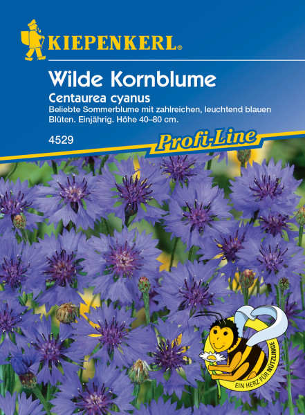 Produktbild von Kiepenkerl Wilde Kornblume Saatgutverpackung mit Abbildungen blauer Blüten und Informationen zu Pflanzenart und Wuchshöhe in deutscher Sprache.