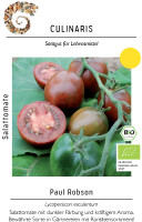 Produktbild von Culinaris BIO Salattomate Paul Robson mit Abbildung der dunkelroten Tomaten am Strauch und Bio-Siegel.