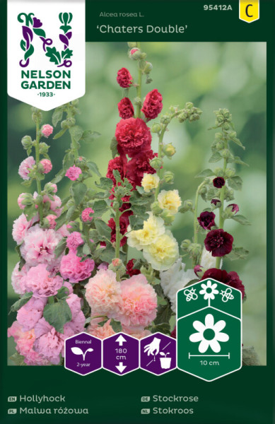 Produktbild von Nelson Garden Stockrose Chaters Double mit fotorealistischer Darstellung verschiedenfarbiger Blüten und Informationen zu Pflanzeneigenschaften sowie Markenlogo