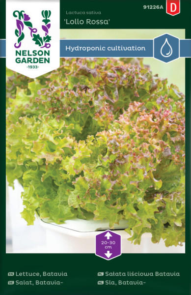 Produktbild von Nelson Garden Batavia-Salat Lollo Rossa Hydroponik mit Bild eines grün-roten Bataviasalats, Verpackungsdesign und hydroponischen Anbauhinweisen.