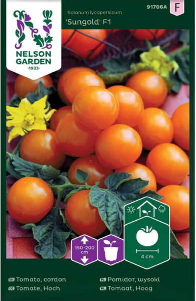 Produktbild von Nelson Garden Kirschtomate Sungold F1 mit reifen, orangefarbenen Tomaten, Blättern, Blüten und Pflegehinweisen auf der Verpackung.