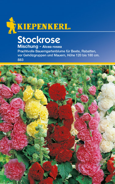 Produktbild von Kiepenkerl Stockrose Mischung Samenpaket mit bunten Blumenabbildungen und Beschreibung der Pflanzenart Alcea rosea sowie Details zur Pflanzengröße und Verwendung.