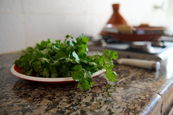 2400-closeup-of-coriander-and-parsley-on-a-plate-on-marble-kitchen-counter-against-the-background-of-tagine-cooking-on-stove