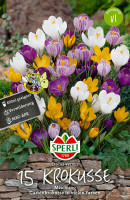 Produktbild von Sperli Gartenkrokus Mischung mit einer Anzeige von 15 blühenden Krokussen in verschiedenen Farben und Verpackungsdetails auf Deutsch Produktbild von Sperli Gartenkrokus Mischung mit einer Anzeige von 15 blühenden Krokussen in verschiedenen Farben und Verpackungsdetails auf Deutsch