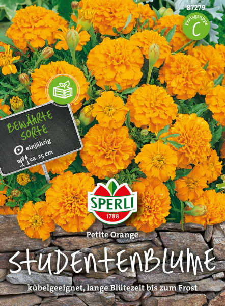 Produktbild von Sperli Studentenblume Petite Orange mit Darstellung der orange blühenden Pflanzen und einer Verpackung die Informationen über die Sorte Preisgruppe und Pflanzhinweise enthält