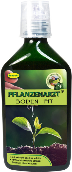 Produktbild von Schacht PFLANZENARZT Boden - Fit 350ml mit Darstellung der Flasche und Informationen über die Inhaltsstoffe sowie einer Illustration einer keimenden Pflanze.