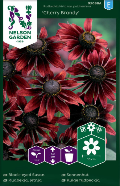 Produktbild von Nelson Garden Sonnenhut Cherry Brandy Samenpackung mit Abbildungen dunkelroter Blumen und Pflanzinformationen