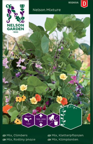 Produktbild Nelson Garden Kletterpflanzen Mix mit bunten Blumen und Informationen zu Pflanzeneigenschaften und Wuchshöhe auf der Verpackung.