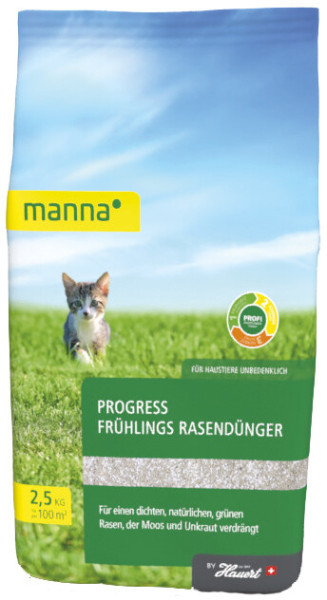 Produktbild des MANNA Progress Frühlings Rasendünger in einer 2, 5, kg Verpackung mit Informationen zur Anwendung und Hinweis auf die Haustiersicherheit auf einer Wiese mit einem kleinen Hund und blauem Himmel im Hintergrund.