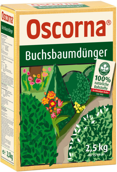 Produktbild von Oscorna Buchsbaumduenger in einer 2, 5, kg Packung mit Darstellung von Buchsbaumhecken und Blumen sowie Hinweisen auf 100 Prozent natuerliche Rohstoffe.