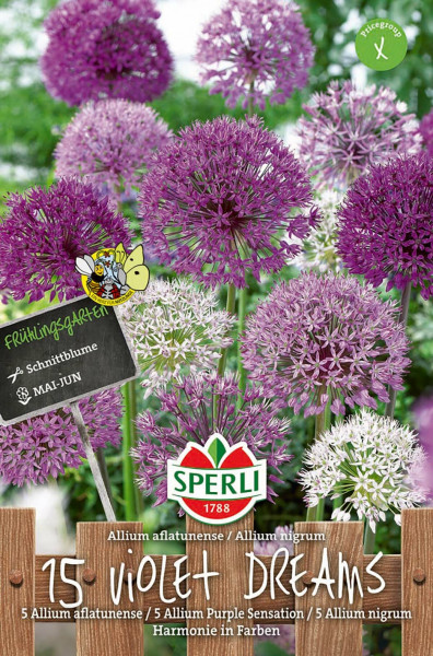 Produktbild von Sperli Frühlingsgarten Violet Dreams mit verschiedenen lila und weißen Blüten, Verpackungsdesign mit Pflanzinformationen und Markenlogo.