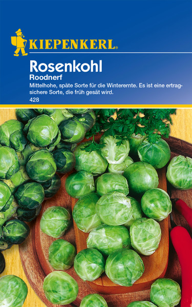Produktbild von Kiepenkerl Rosenkohl Roodnerf Saatgut mit Abbildung frischer Rosenkohlköpfe und Verpackungsinformationen in deutscher Sprache