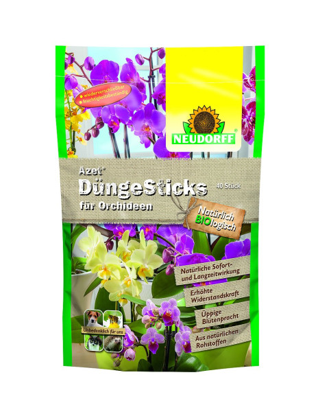 Produktbild von Neudorff Azet DüngeSticks für Orchideen mit 40 Stück, Verpackung zeigt blühende Orchideen und Produktinformationen.