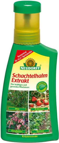 Produktbild von Neudorff Schachtelhalm Extrakt 250ml Flasche mit Anwendungsinformationen und Bildern von Obst Erdbeeren Zierpflanzen und Gemuese.