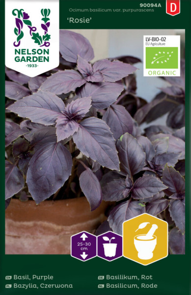 Produktbild von Nelson Garden BIO Rotes Basilikum Rosie mit Pflanze in einem Topf und Angaben zu Bio-Zertifizierung sowie Produktinformationen in mehreren Sprachen.