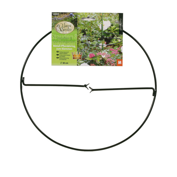 Produktbild des Videx Metall-Pflanzenrings zum Klemmen mit einem Durchmesser von 30 cm neben seiner Verpackung mit Pflanzenbildern und Produktinformationen.