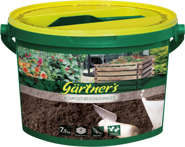 Produktbild eines grünen Eimers mit gelbem Deckel für Gärtners Kompostbeschleuniger 7, 5, kg mit Abbildungen von Komposterde, Blumen und einem Komposthaufen.