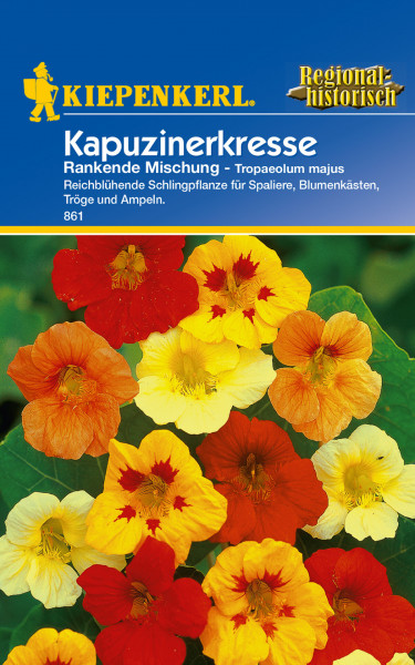 Produktbild von Kiepenkerl Kapuzinerkresse Rankende Mischung mit bunten Blumen und Verpackungsdesign mit Logo, Produktnamen und Hinweisen zur Pflanzung.