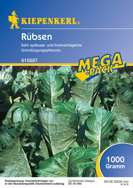 Produktbild von Kiepenkerl Rübsen 1 kg Verpackung mit Abbildung der Pflanze und Hinweisen zur spätsaat und Frostverträglichkeit sowie Informationen zur Zulassung in Deutschland und Saatgutzertifizierung.