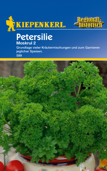 Produktbild von Kiepenkerl Petersilie Moskrul 2 mit Pflanzenabbildung und Verpackungsinformationen in deutscher Sprache.