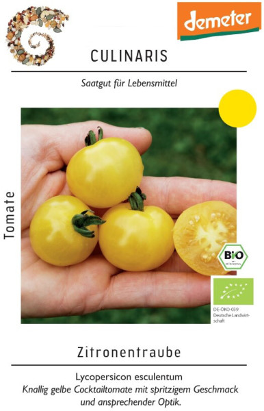 Produktbild von Culinaris BIO Cocktailtomate Zitronentraube mit gelben Tomaten teilweise aufgeschnitten und Produktinformationen sowie Demeter-Logo in deutscher Sprache.