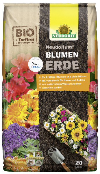 Produktbild von Neudorff NeudoHum BlumenErde 20l mit Darstellungen verschiedener Blumen und Pflanzen, Hinweisen zur torffreien Qualität und Angaben zur Bepflanzung im Innen- und Außenbereich in deutscher Sprache.