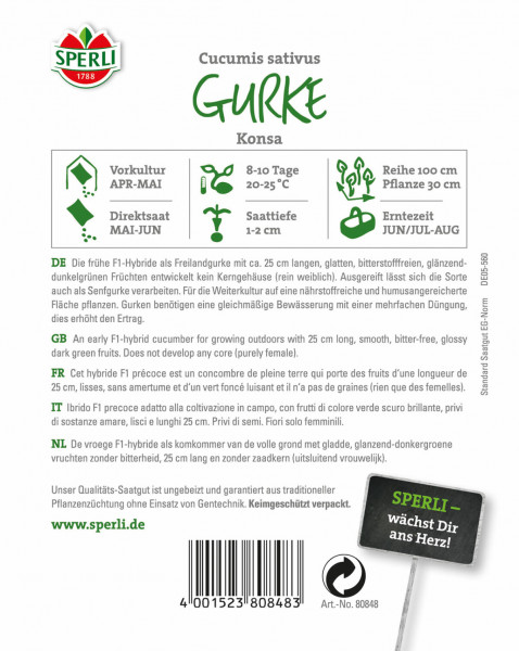 Produktbild von Sperli Salatgurke Konsa F1 mit Anbauinformationen in deutscher Sprache und Barcode.