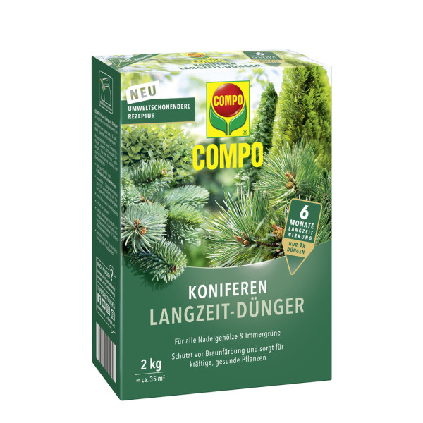 Produktbild von COMPO Koniferen Langzeit-Dünger in einer 2-kg-Verpackung mit Hinweisen auf umweltschonende Rezeptur und 6 Monate Langzeitwirkung.