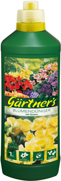 Produktbild von Gärtners Blumendünger mit Guano in einer 1 Liter Flasche mit Dosierer und Abbildungen verschiedener Blumen