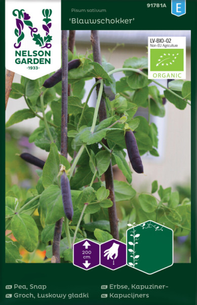 Produktbild von Nelson Garden BIO Kapuzinererbse Blauwschokker mit Abbildung der Pflanze und Schoten sowie Informationen zu Bio-Zertifizierung und Wuchshöhe auf der Verpackung.