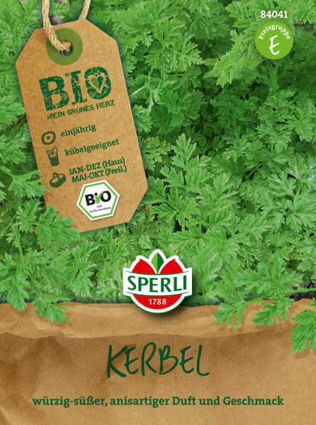 Produktbild von Sperli BIO Kerbel Saatguttüte mit Informationen zu Einjährigkeit und Eignung für Kübel sowie Anzuchtzeiten und Hinweisen zu Bio-Qualität auf einem Hintergrund aus Kerbelblättern.