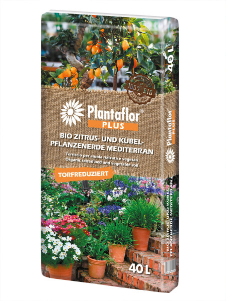 Produktbild von Plantaflor Bio Zitrus- und Kübelpflanzenerde torfreduziert in einer 40 Liter Verpackung mit Abbildungen von Zitrusbäumen und mediterranen Kübelpflanzen.