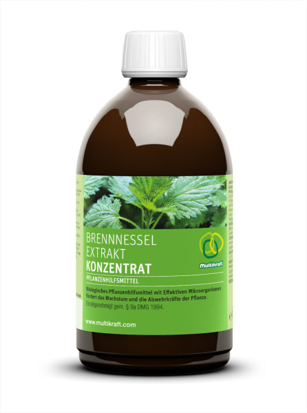 Produktbild von Multikraft Brennnessel Extrakt Konzentrat in einer 500ml braunen Flasche mit gruener Etikettierung und Schraubverschluss