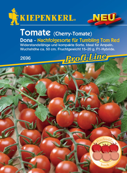 Produktbild von Kiepenkerl Cherry-Tomate Dona F1 Samenpaket mit Informationen zu Widerstandsfähigkeit, Pflanzenhöhe und Fruchtgewicht sowie der Kennzeichnung als neue Sorte.
