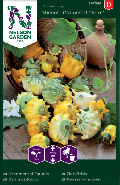 Produktbild von Nelson Garden Zierkürbis Shenot Crowns of Thorn mit verschiedenen Kürbissen in einem Korb, Pflanzeninformationen und Markenlogo.