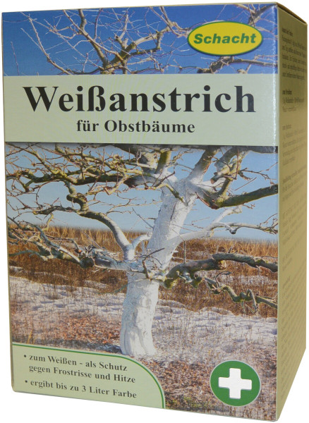 Produktbild von Schacht Weißanstrich für Obstbäume Pulver 1kg mit Anzeige der Packung und Informationen zum Schutz gegen Frost und Hitze.