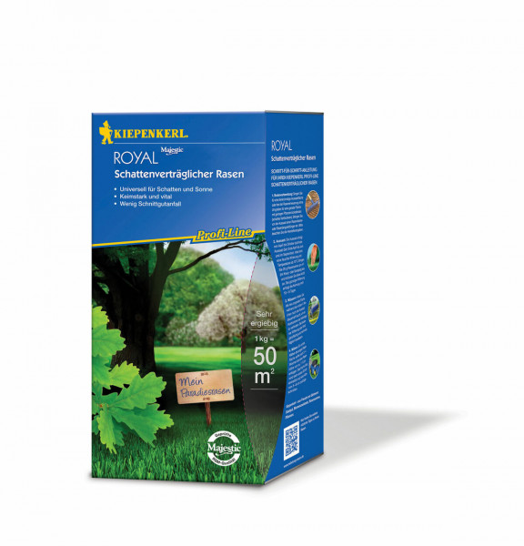 Produktbild von Kiepenkerl Profi-Line Royal Schattenvertraeglicher Rasen 1 kg mit groen Rasenflaechen und Produktinformationen auf der Verpackung in deutscher Sprache