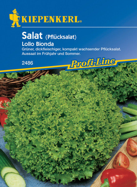 Produktverpackung von Kiepenkerl Pflücksalat Lollo Bionda mit Abbildung des grünen, krausen Salatkopfes, Aussaatanleitung und Gemüsebeilage.